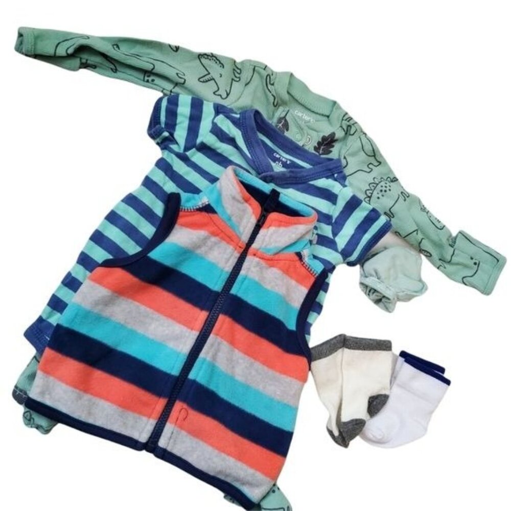 Carter's 3 pieces romper footie ,striped Overall ,Colorful Vest All‎ Sz Newborn